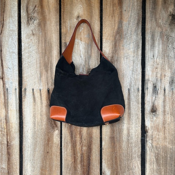 Dooney & Bourke black suede drape tote with brown leather trim. - Picture 4 of 12